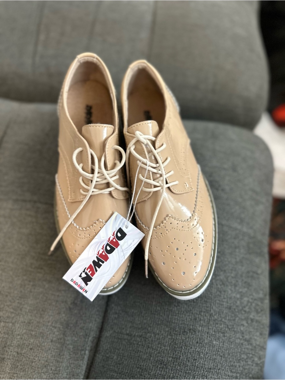 Beige Patent Wingtip Oxford Lace-Up Shoes for Women